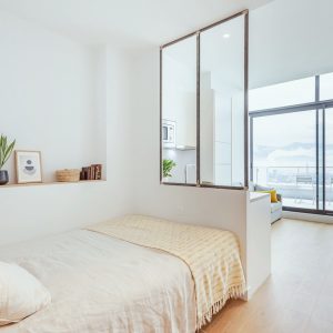 Chambre et salon avec la terrasse en coliving à Grenoble