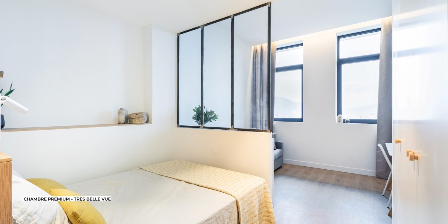 Grande chambre avec un lit double et un canapé en colocation à Grenoble