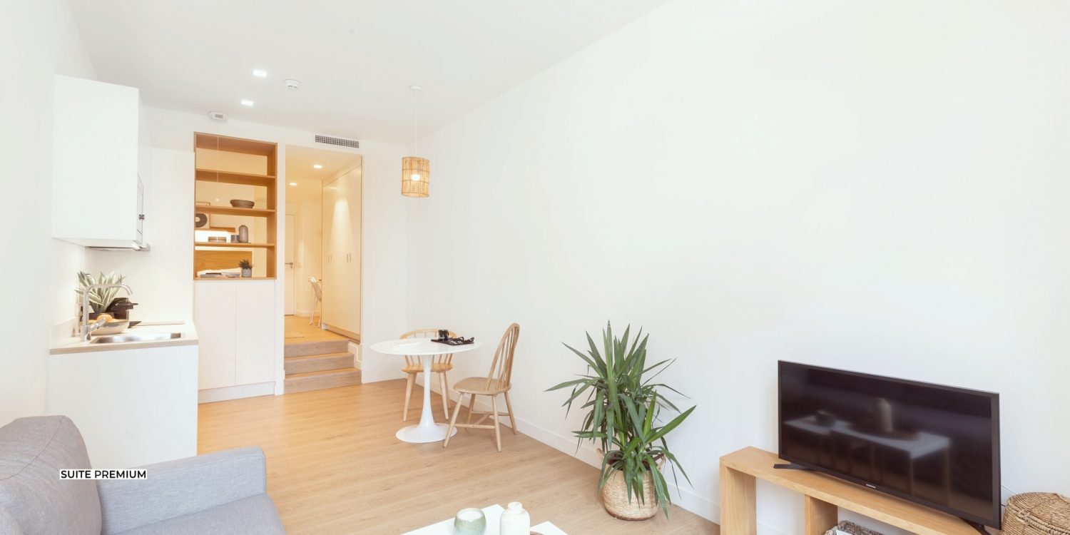 Salon combiné avec une cuisine en T1 Suite à Marseille