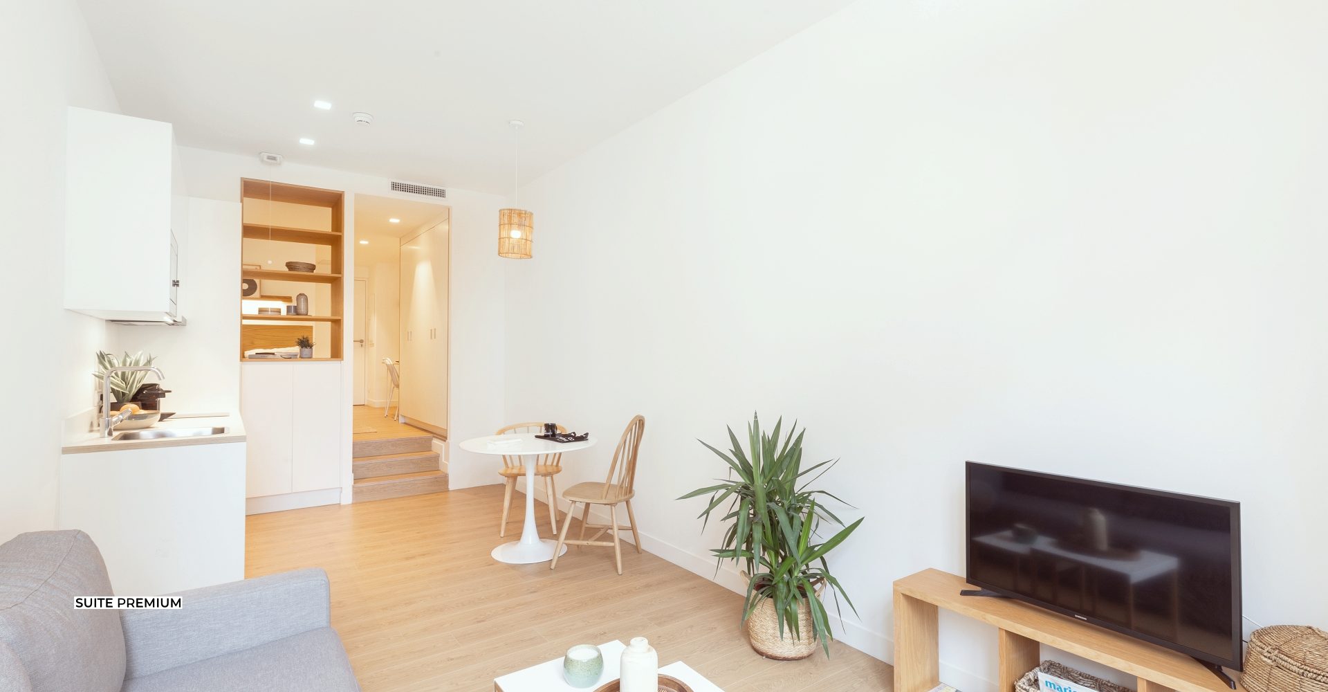 Salon combiné avec une cuisine en T1 Suite à Marseille
