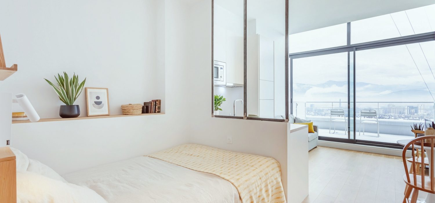 Chambre et salon avec la terrasse en coliving à Grenoble