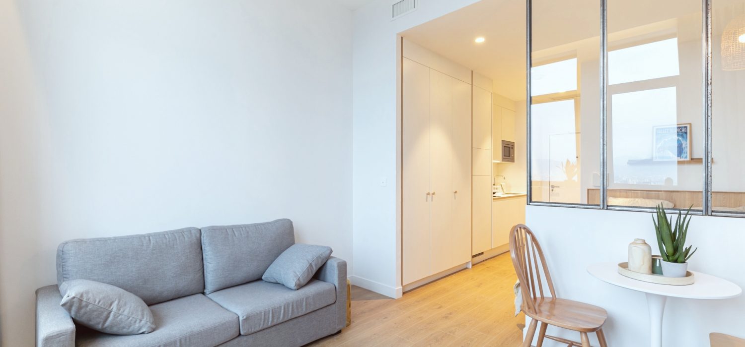 Salon meublé design en coliving individuel à Grenoble